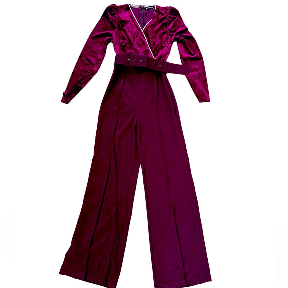 Wine Long Sleeve Velvet Rhinestone Jumpsuit